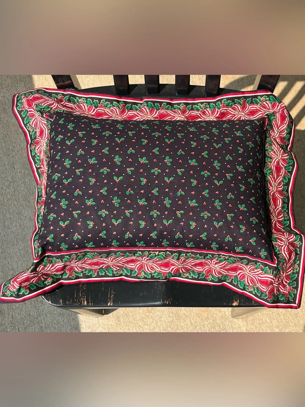 Vera Bradley Black Pillows - Setnof 2 with Red & Green Holly Ribbon Border.